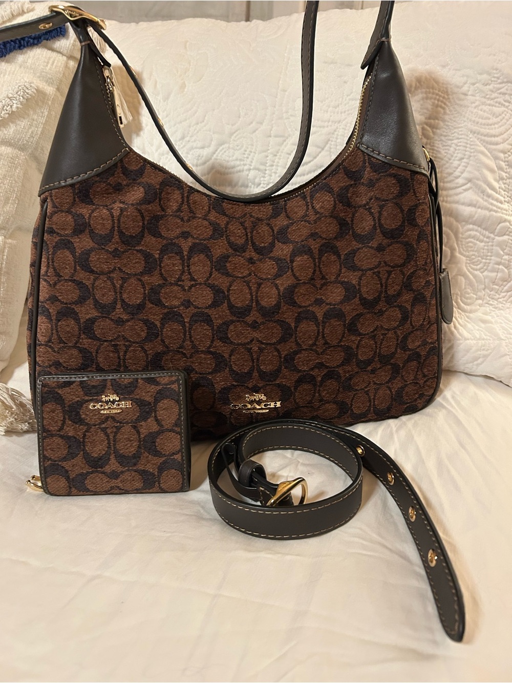 Coach Brown Signature Canvas Shoulder Bag with Wallet and Strap